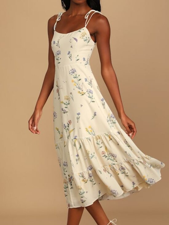 Lulus Dresses & Skirts - Lulus Women's Started With A Kiss Beige Floral Print Tie-strap Tiered Dress S